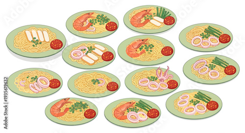 Singapore Hokkien Mee Illustration with Prawns and Squid, Asian Hawker Food Set