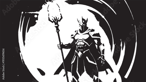 Silhouette of an armored wizard-like warrior holding a staff within a circular frame, bold high-contrast illustration.