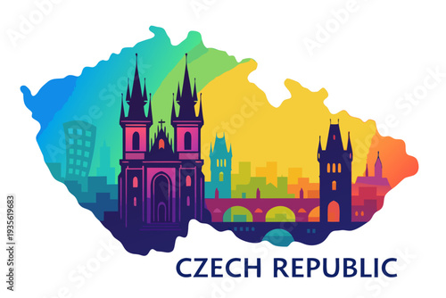 A colorful vector graphic illustration of the Czech Republic map with a city skyline