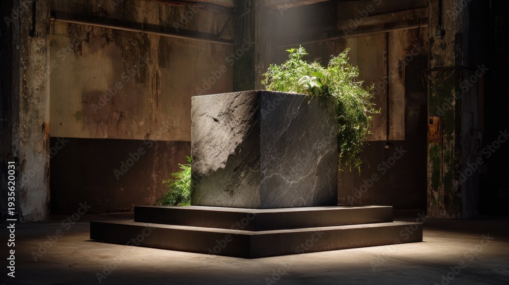 Fototapeta premium Minimalist cube with green plants in industrial space