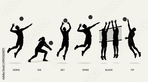Volleyball Player Vector Silhouette Jump Serve Spike Action Pose with Ball Dynamic Sports Illustration Athletic Motion Graphic Icon Volleyball Vector Design for Team Competition