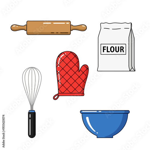 Baking essentials displayed on a clean white background, featuring a rolling pin, flour, whisk, oven glove, and mixing bowl.