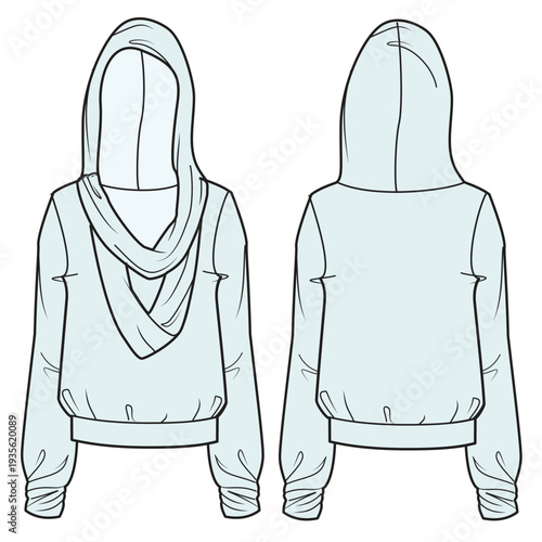 Ladies hoodies technical flat sketch vector mockup illustration.
