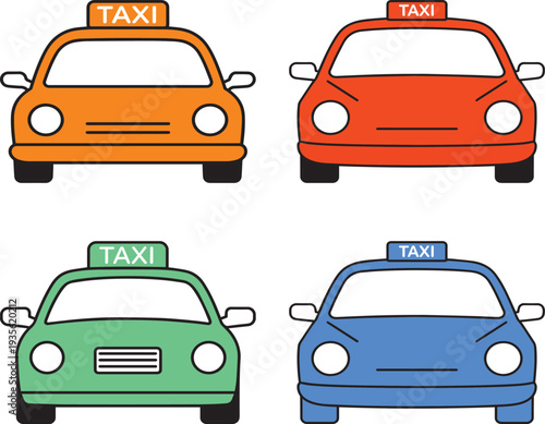 Colorful Taxi Cab Front View Set 4 Modern Taxi Illustrations for Transport Design