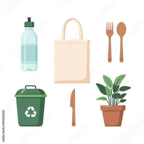 Eco-friendly picnic setup with reusable bag and utensils, recyclable bottle, and plant, promoting sustainable lifestyle and environment.