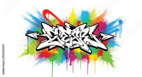 Colorful graffiti tag with vibrant paint splashes on white background.