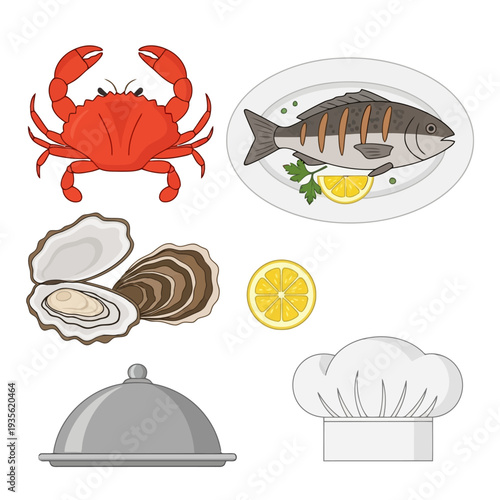 Assorted seafood and culinary elements arranged on a clean white background from a direct overhead viewpoint