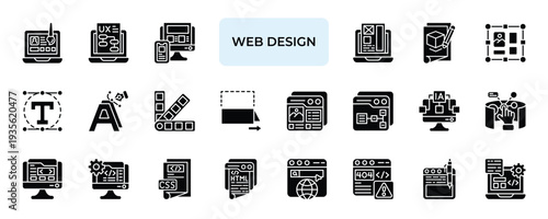 Web Design Icon set Collection in Solid Glyph Style. interface, experience, responsive, wireframe, prototype, layout