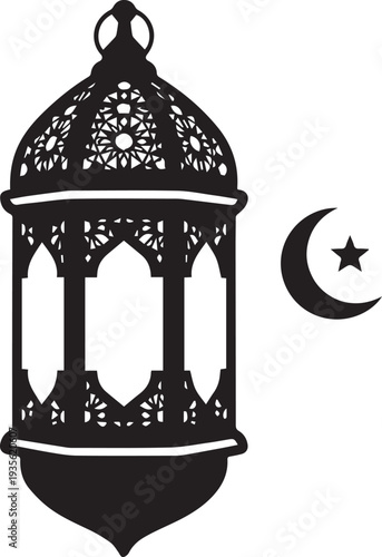 Black lantern with crescent moon and star isolated on transparent background