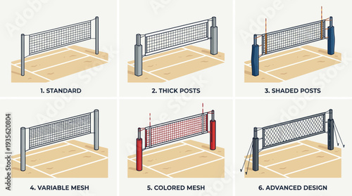 Volleyball Net Vector Designs Collection with Standard, Thick Posts, Shaded Posts, Variable Mesh, Colored Mesh, Advanced Court Net Vector Illustrations for Sports Graphics