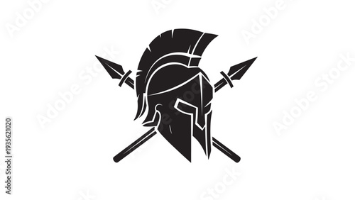 Stylized Spartan helmet with crossed spears graphic illustration.