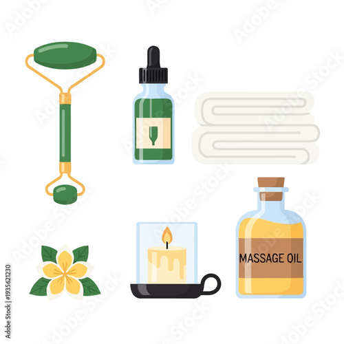 Spa day essentials including facial roller, massage oil, and calming candle in a serene environment from a top-down viewpoint