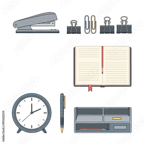 Office supplies including stapler, paperclips, binder clips, notebook, pen, clock, and desk organizer on a workspace viewed from directly above.