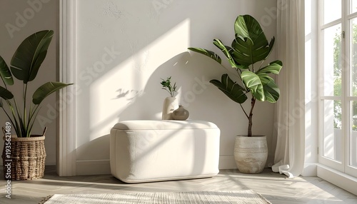 Sunny interior with plants, a cushioned bench, vases, and wooden floors