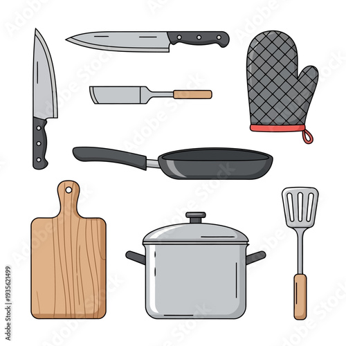 Assorted kitchen utensils and cookware displayed on a clean surface for cooking and food preparation purposes