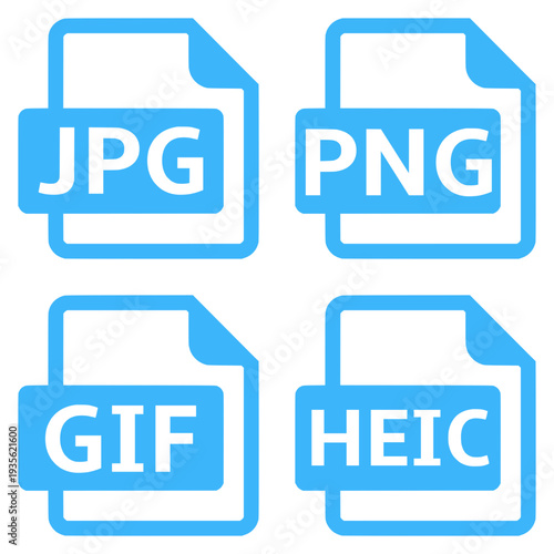 Set of Four Blue Image File Format Icons for JPG, PNG, GIF, and HEIC