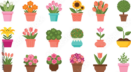 Potted Flower Plants Collection with Tulips Sunflowers Roses and Decorative Garden Flowers Cute Indoor Plant Pots Vector Illustration Set.