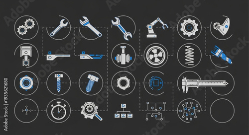 Industrial mechanical parts and tools arranged in a diagram.
