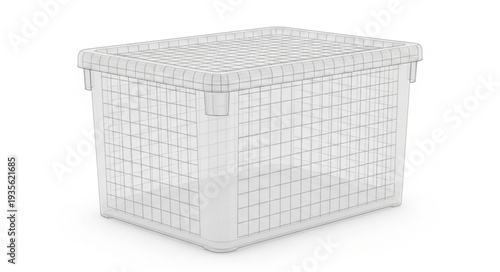 White woven storage basket with lid on white background.
