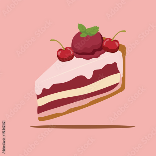 Cherry Layer Cake topped with Sorbet and Fresh Cherries