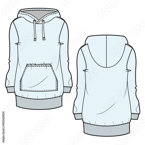 Women’s longline hoodies vector design technical flat drawing.