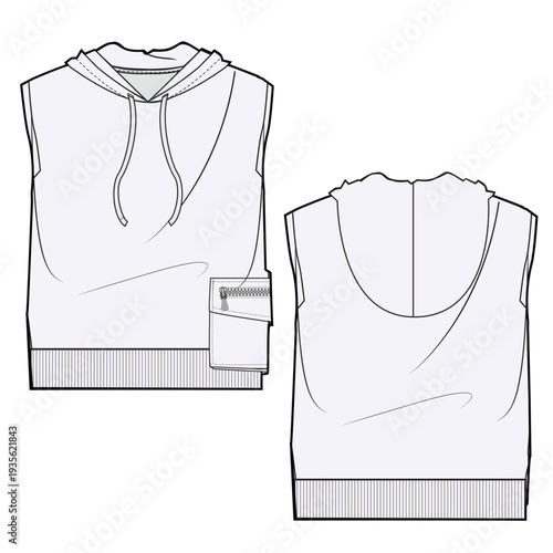 Kids sleeveless hoodies vector design technical flat sketch by adobe illustrator.