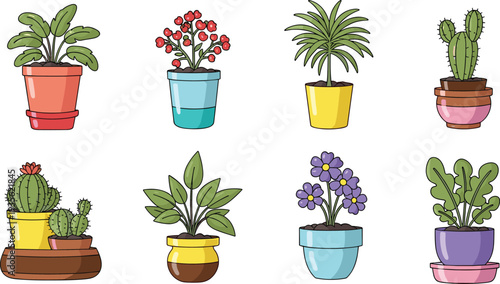 Potted Houseplants Collection with Cactus Succulent Flowering Plants and Decorative Indoor Pots Cute Garden Plant Vector Illustration Set.