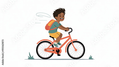 Smiling child riding orange bicycle with backpack outdoors in sunny day