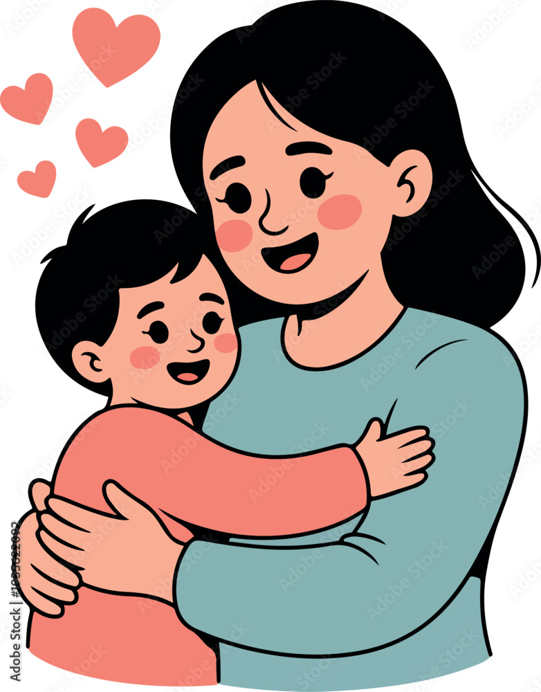 Obraz premium Mother hugging child with pink hearts embrace love