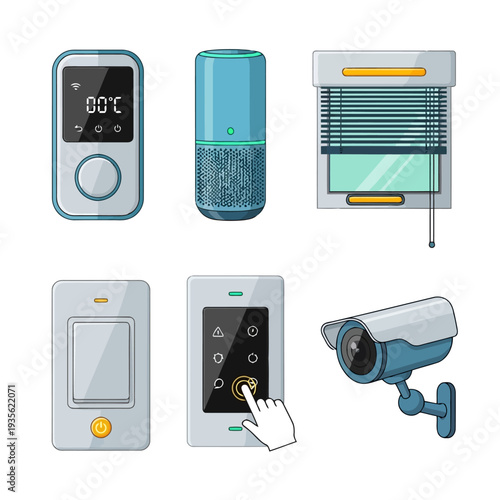 Smart home devices control panel illustration showcasing security camera, thermostat, and air conditioner from a top-down view