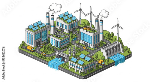 Sustainable energy industrial complex with solar panels and wind turbines.