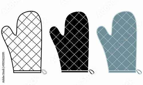oven glove icon set, also commonly known as an oven mitt. outline and silhouette style. vector illustration