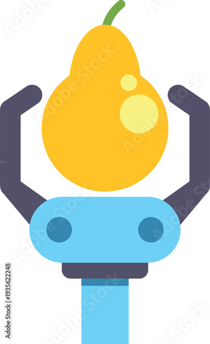 Robotic arm picking a ripe pear, representing agricultural automation and advanced farming technology