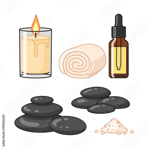 Spa illustration featuring stones, candle, towel, and oil bottle in a serene setting from a top view.
