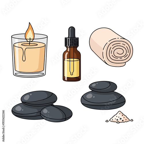 Spa elements including a lit candle, essential oil, rolled towel, black stones, and herbal mixture in a serene environment viewed from directly above.