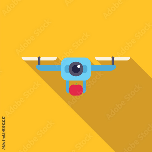 Drone quadcopter flying with an apple delivery using flat design and long shadow style