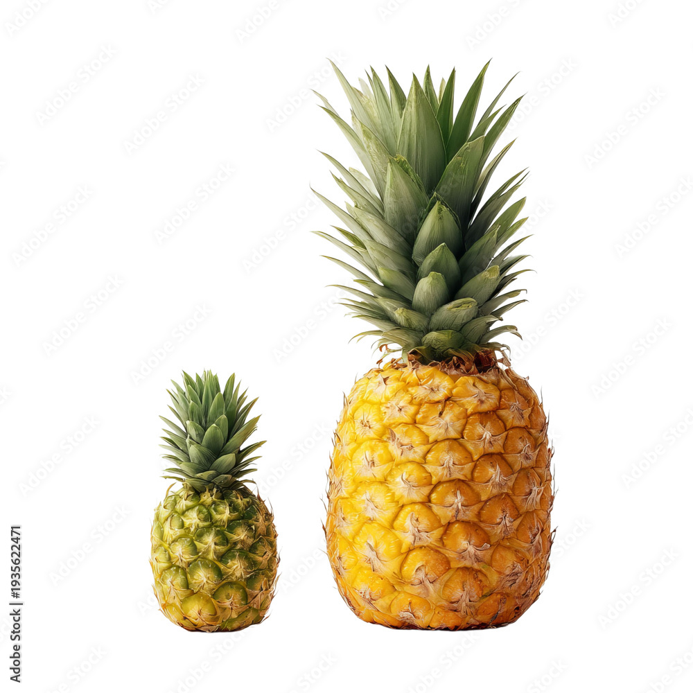 Fototapeta premium PNG of Two pineapples, one small green and one large yellow, showcasing a striking size contrast.