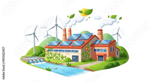 Sustainable energy production with wind turbines solar panels and hydroelectric power.