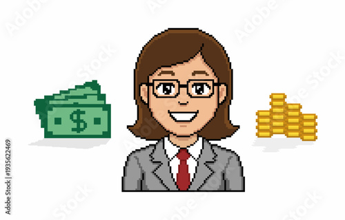 Pixel Art Businesswoman with Money and Coins. Pixelated business and finance illustration.