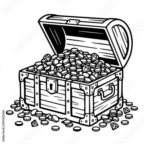 treasure chest full of gold coins and gems vintage pirate loot line art illustration