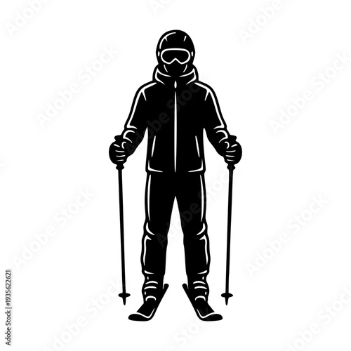 skier standing with ski poles winter sport black silhouette illustration
