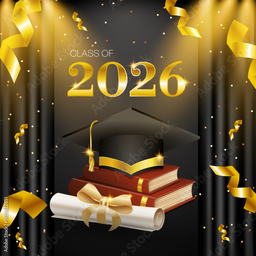 Elegant graduation background with an academic cap, books, and a diploma. Gold ribbons, sparkling accents, and a dark background. Perfect for posters, invitations, and social media.