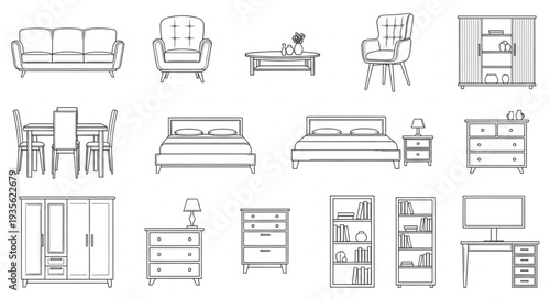Collection of Hand Drawn Furniture Sketches for Interior Design.