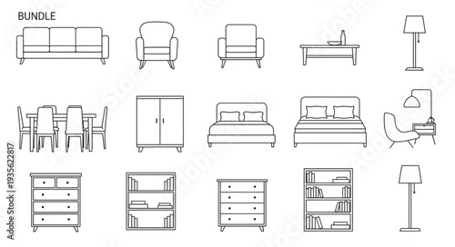 Collection of furniture line drawings for interior design.
