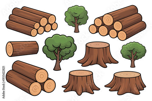 Tree tree stump and log illustration set for design projects
