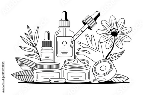A skincare product line illustration with natural ingredients and a flower