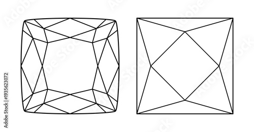 Cushion, Princess diamond cut shapes. Design diagram. Cushion, Princess brilliants. Diamond pad shape top view. Gemstone outline icons for jewellery design, branding, packaging, logo, digital graphic.