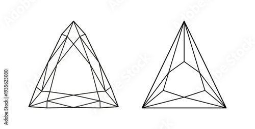 Diamond Trillion, triangular cut shape icons. Diamond top view. Triangle brilliant cut patterns set. Gemstone outline samples for jewellery design, branding, packaging, logos. Design flat diagram.