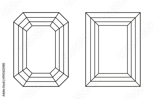 Diamond Emerald, Baguette cut shapes. Diamonds top view. Set of Gemstone outline simple icons for jewellery design, branding, packaging, logo. Emerald, Baguette brilliant cut flat patterns.