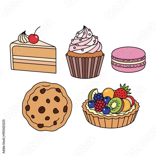 Assorted sweet treats and desserts arranged on a clean background from a top-down viewpoint